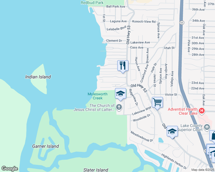 map of restaurants, bars, coffee shops, grocery stores, and more near 6045 Old Highway 53 in Clearlake