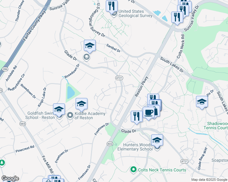 map of restaurants, bars, coffee shops, grocery stores, and more near 2231 Lofty Heights Place in Reston