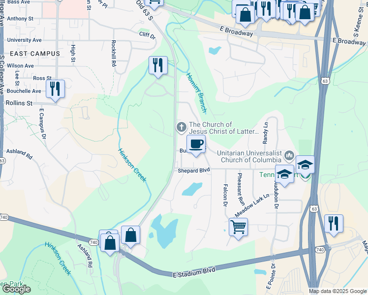 map of restaurants, bars, coffee shops, grocery stores, and more near 2216 Bushnell Drive in Columbia