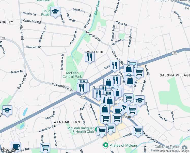 map of restaurants, bars, coffee shops, grocery stores, and more near 6905 Chelsea Road in McLean