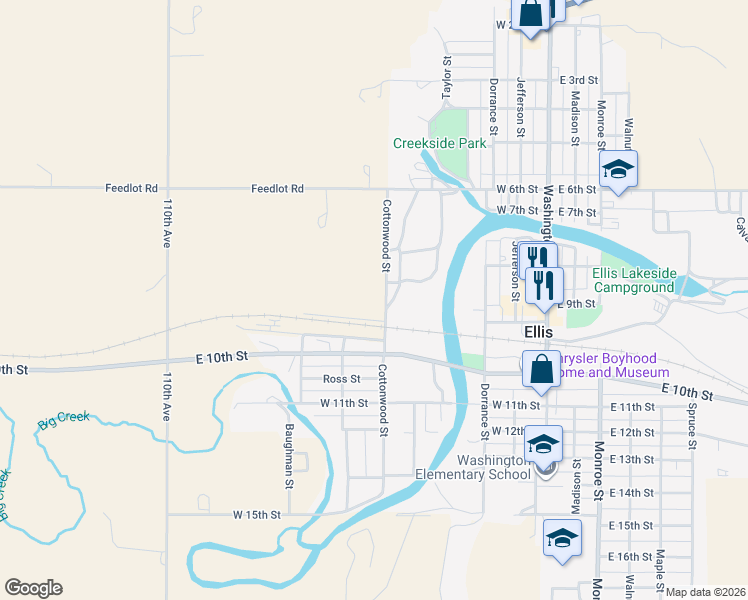 map of restaurants, bars, coffee shops, grocery stores, and more near Cottonwood Street in Ellis