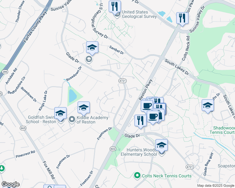 map of restaurants, bars, coffee shops, grocery stores, and more near 2231 Lofty Heights Place in Reston
