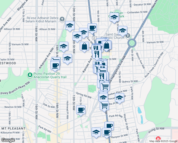 map of restaurants, bars, coffee shops, grocery stores, and more near 957 Randolph Street Northwest in Washington