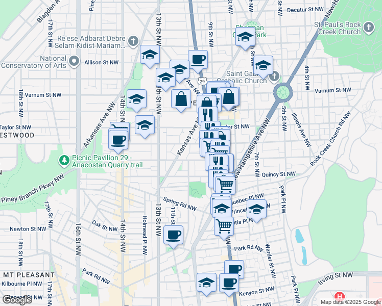 map of restaurants, bars, coffee shops, grocery stores, and more near 957 Randolph Street Northwest in Washington