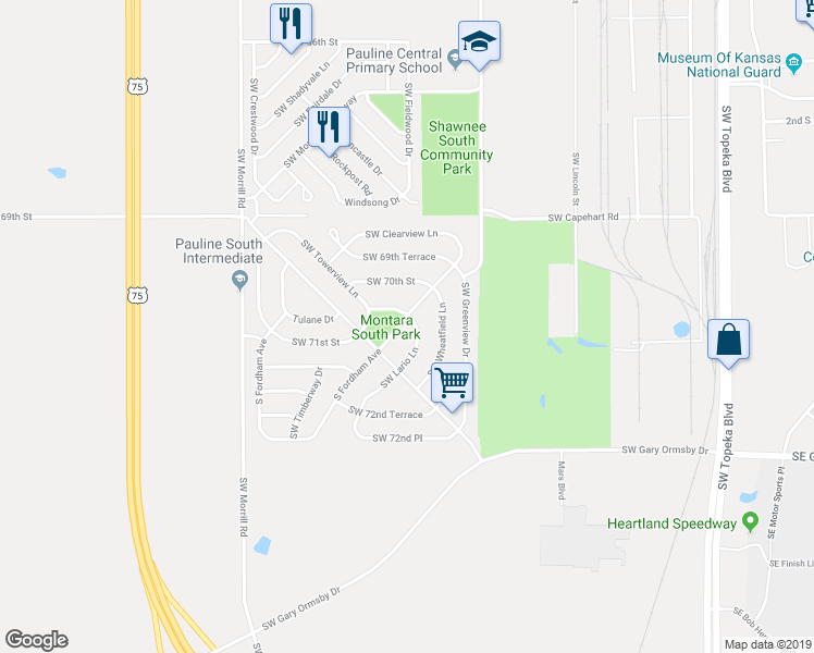 map of restaurants, bars, coffee shops, grocery stores, and more near 7020 Southwest Woodcroft Way in Topeka