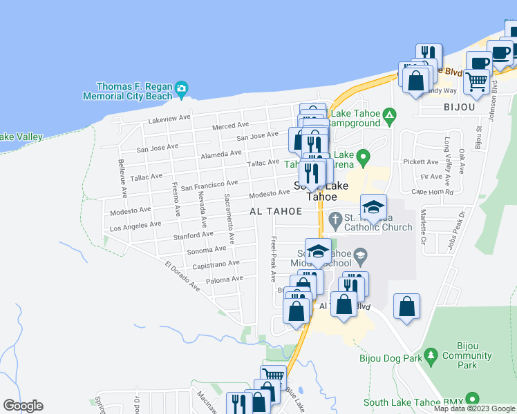 map of restaurants, bars, coffee shops, grocery stores, and more near 901 Los Angeles Avenue in South Lake Tahoe