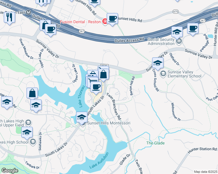 map of restaurants, bars, coffee shops, grocery stores, and more near 1970 Villaridge Drive in Reston