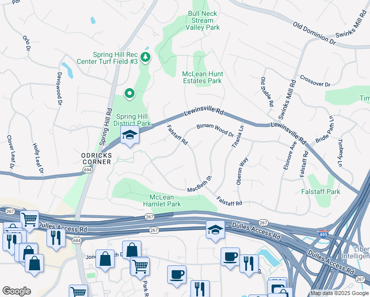 map of restaurants, bars, coffee shops, grocery stores, and more near 8027 Falstaff Road in McLean