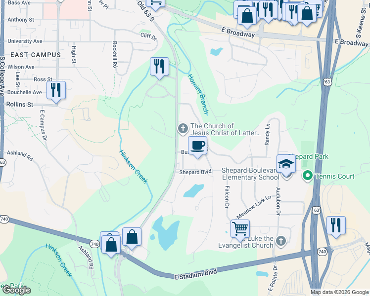 map of restaurants, bars, coffee shops, grocery stores, and more near 2216 Bushnell Drive in Columbia