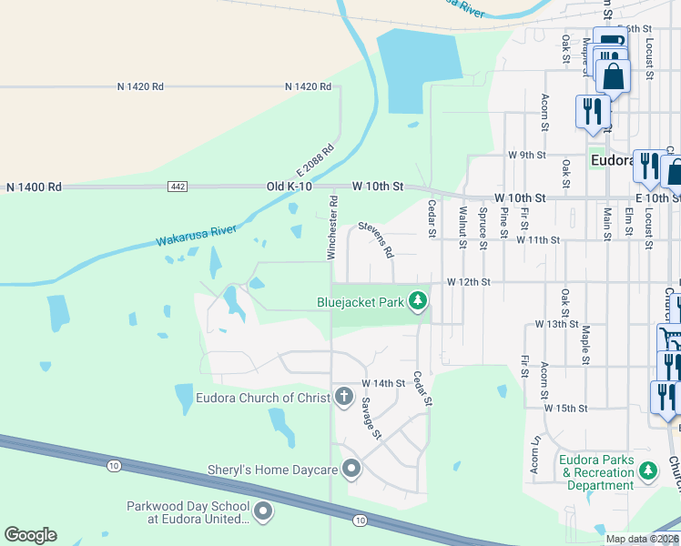 map of restaurants, bars, coffee shops, grocery stores, and more near 1310 Winchester Road in Eudora