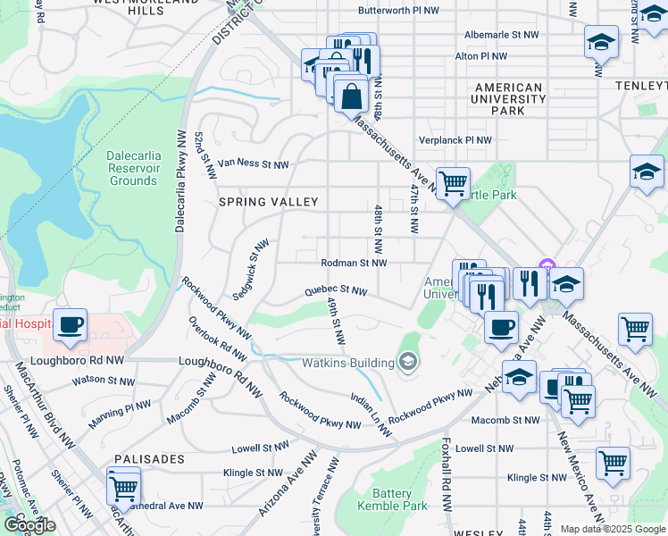 map of restaurants, bars, coffee shops, grocery stores, and more near 4848 Rodman Street Northwest in Washington