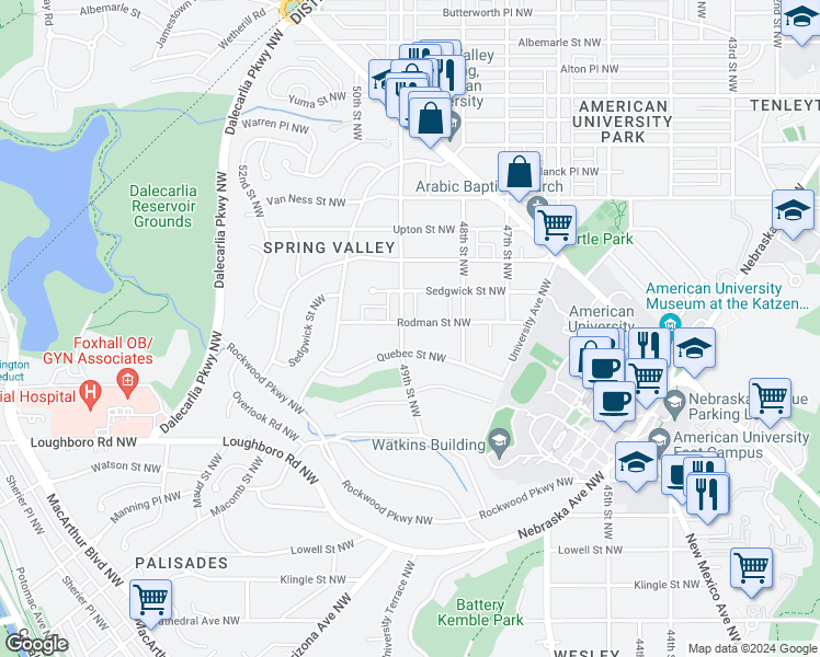 map of restaurants, bars, coffee shops, grocery stores, and more near 4848 Rodman Street Northwest in Washington