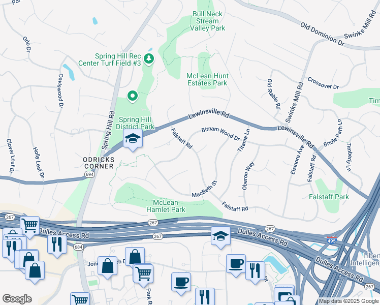 map of restaurants, bars, coffee shops, grocery stores, and more near 8027 Falstaff Road in McLean