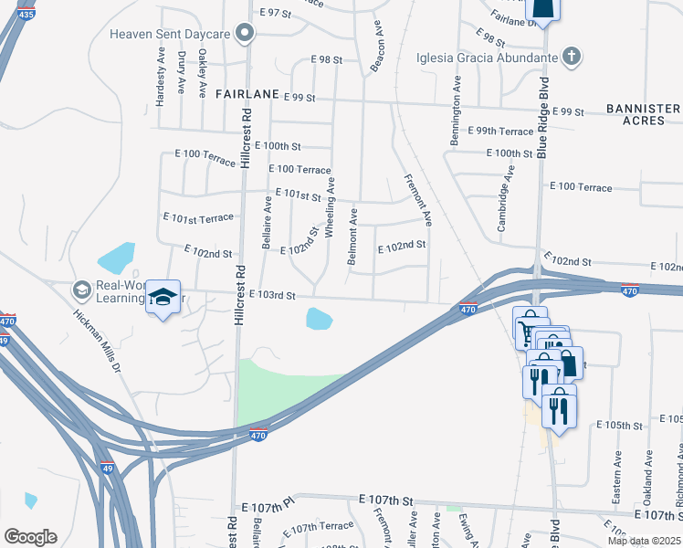 map of restaurants, bars, coffee shops, grocery stores, and more near 10214 Belmont Avenue in Kansas City