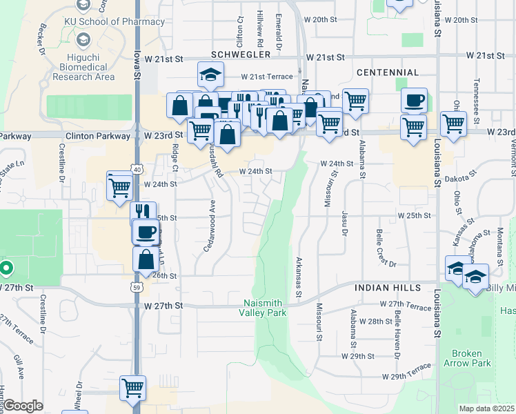map of restaurants, bars, coffee shops, grocery stores, and more near 1301 West 24th Street in Lawrence