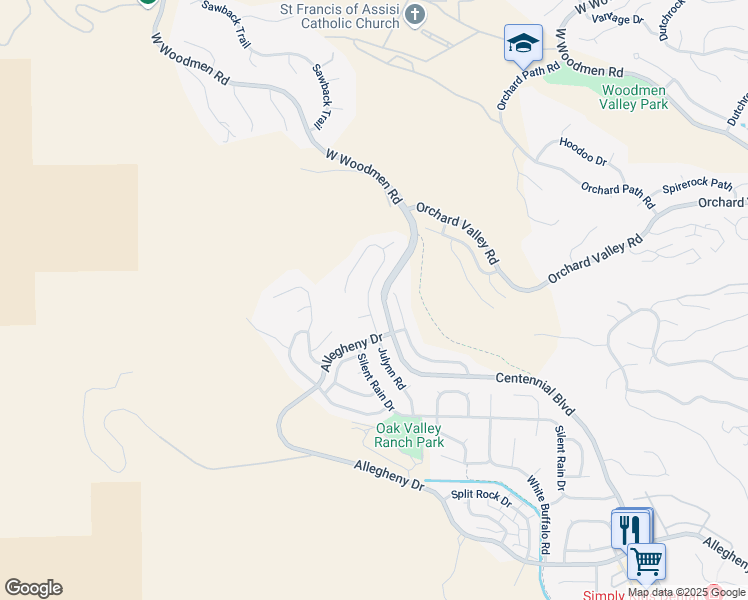 map of restaurants, bars, coffee shops, grocery stores, and more near 7525 Julynn Road in Colorado Springs