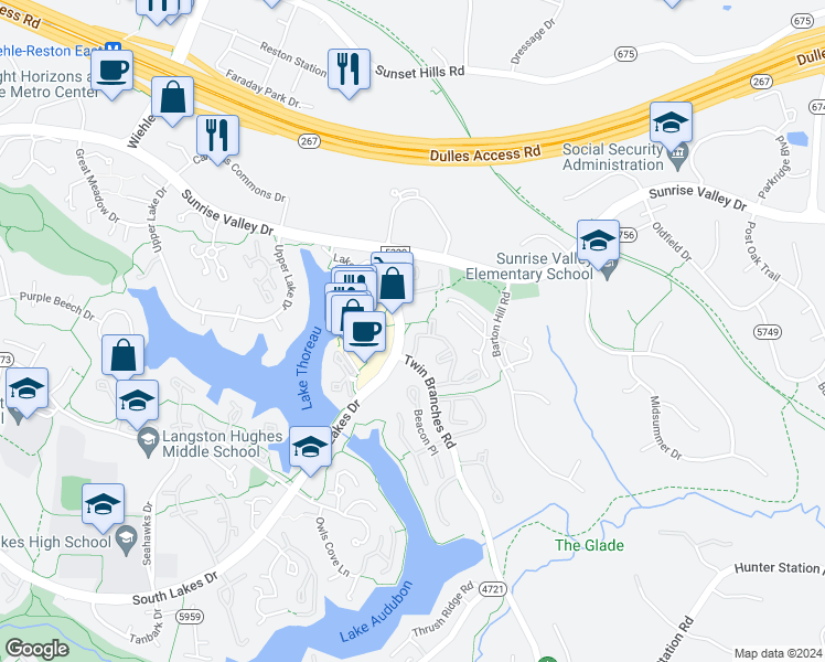 map of restaurants, bars, coffee shops, grocery stores, and more near 1968B Villaridge Drive in Reston