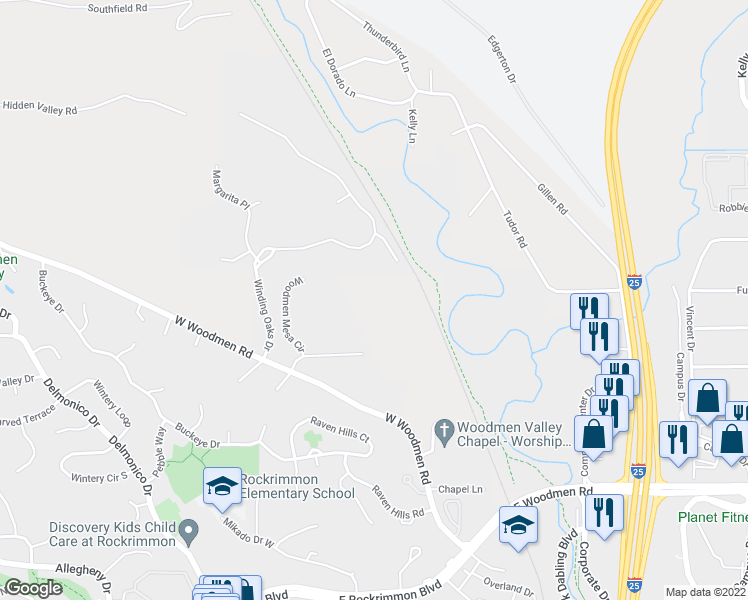 map of restaurants, bars, coffee shops, grocery stores, and more near 50 Woodmen Court in Colorado Springs