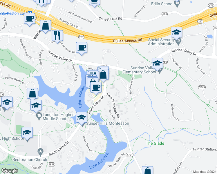 map of restaurants, bars, coffee shops, grocery stores, and more near 1968B Villaridge Drive in Reston