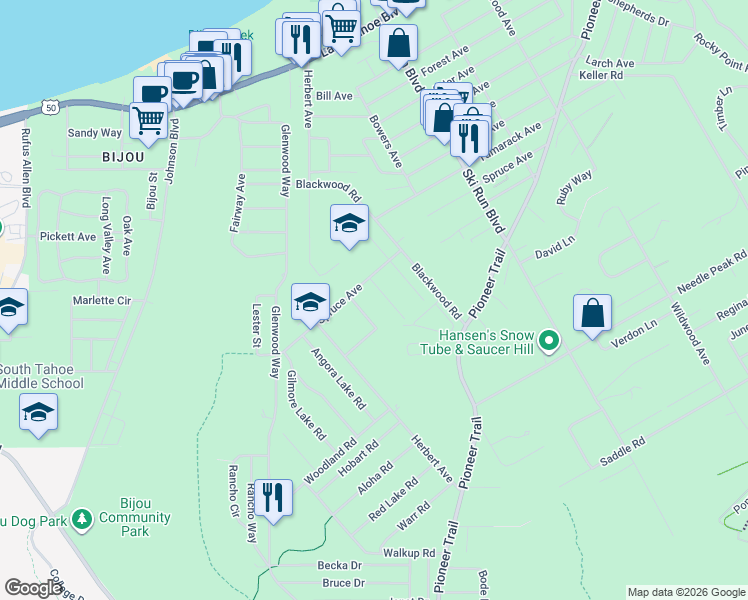 map of restaurants, bars, coffee shops, grocery stores, and more near 1297 Champlain Drive in South Lake Tahoe