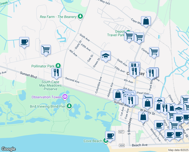 map of restaurants, bars, coffee shops, grocery stores, and more near 408 3rd Avenue in West Cape May
