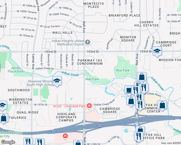 map of restaurants, bars, coffee shops, grocery stores, and more near 10443 Nall Avenue in Overland Park