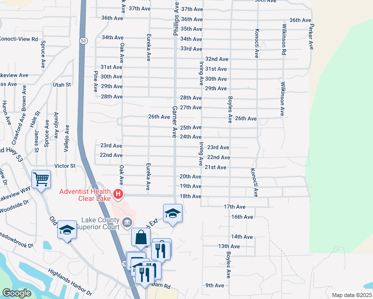 map of restaurants, bars, coffee shops, grocery stores, and more near 15915 23rd Avenue in Clearlake
