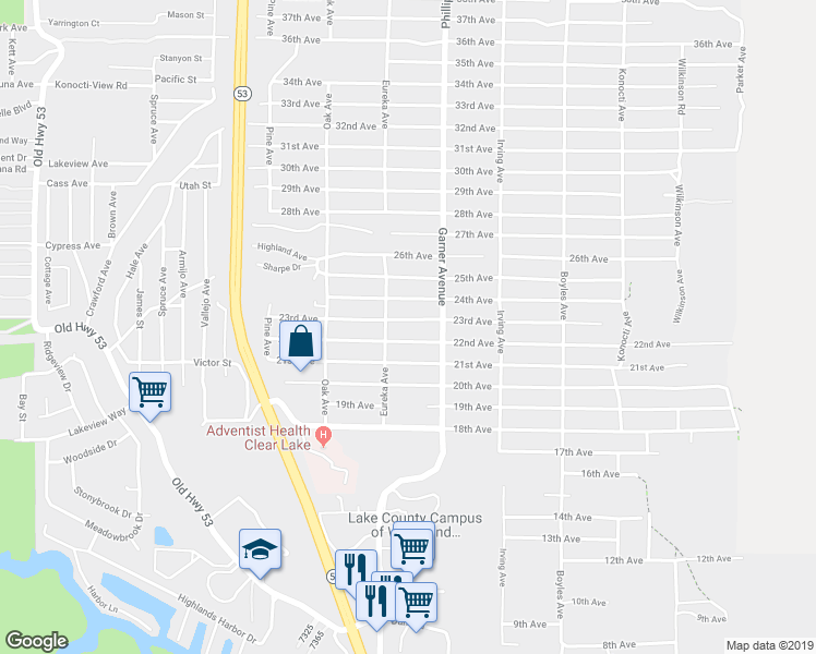 map of restaurants, bars, coffee shops, grocery stores, and more near 15825 23rd Avenue in Clearlake