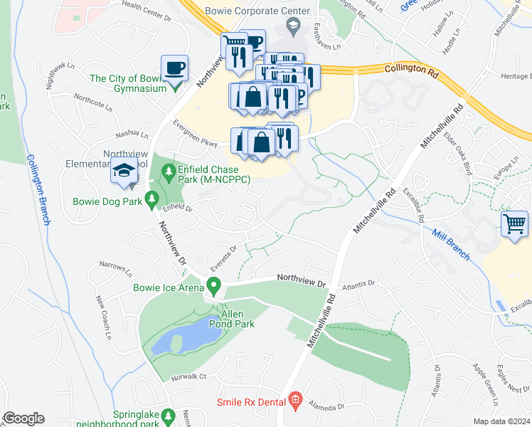 map of restaurants, bars, coffee shops, grocery stores, and more near 15600 Everglade Lane in Bowie