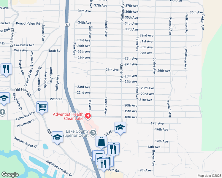 map of restaurants, bars, coffee shops, grocery stores, and more near 15815 23rd Avenue in Clearlake