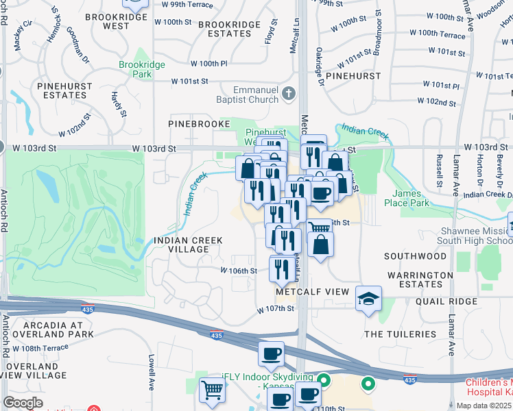 map of restaurants, bars, coffee shops, grocery stores, and more near 10476 Marty Street in Overland Park