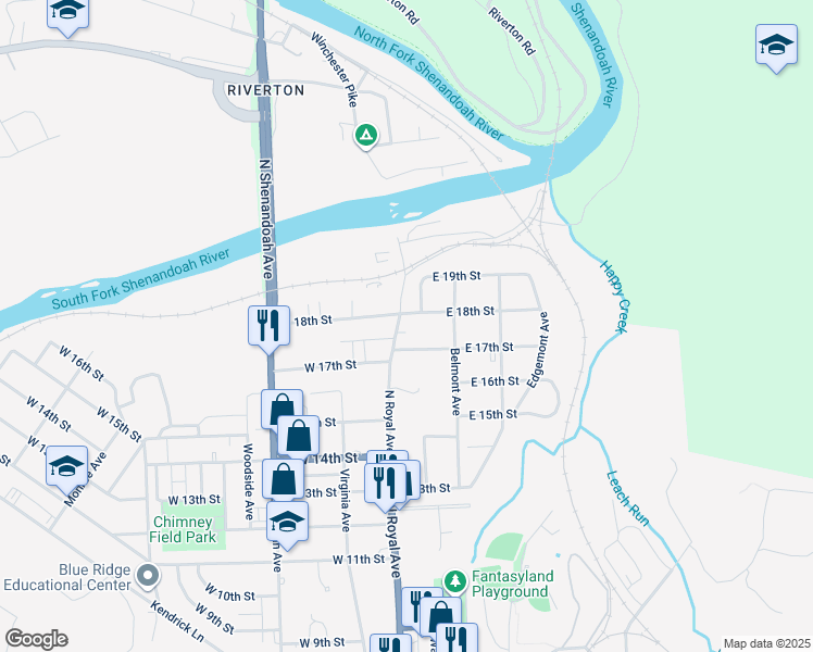 map of restaurants, bars, coffee shops, grocery stores, and more near 1731 North Royal Avenue in Front Royal