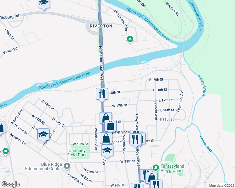 map of restaurants, bars, coffee shops, grocery stores, and more near 118 West 18th Street in Front Royal