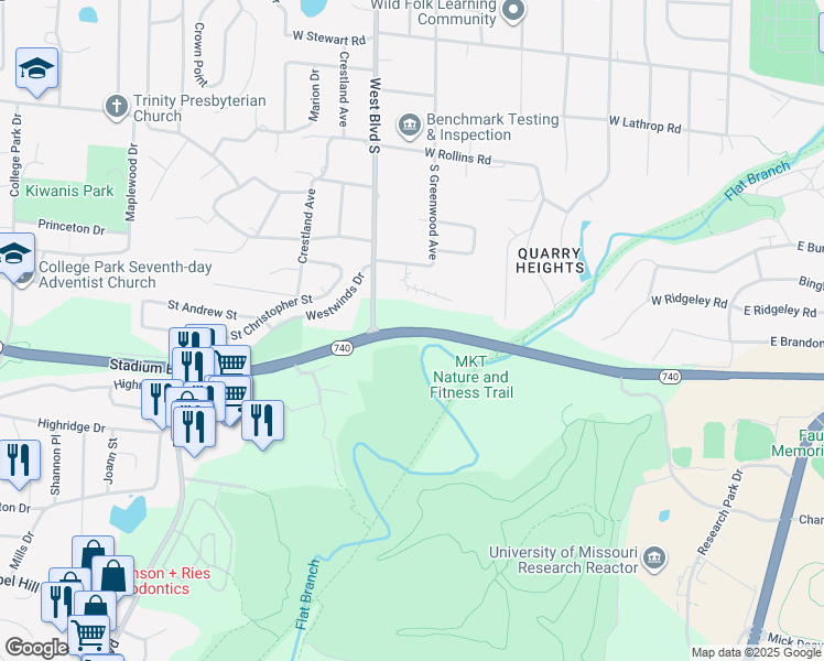 map of restaurants, bars, coffee shops, grocery stores, and more near Missouri 740 in Columbia