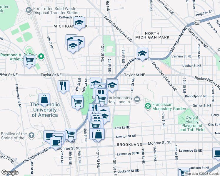 map of restaurants, bars, coffee shops, grocery stores, and more near 1221 Michigan Avenue Northeast in Washington