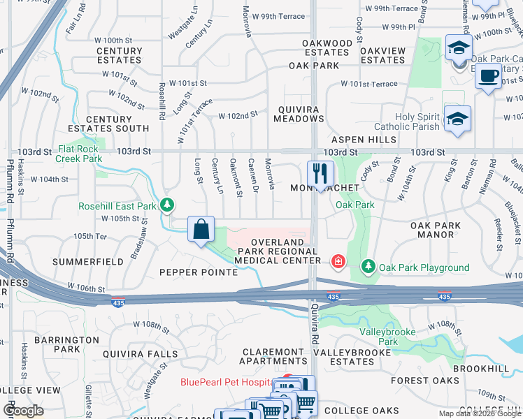 map of restaurants, bars, coffee shops, grocery stores, and more near 10408 Monrovia in Lenexa