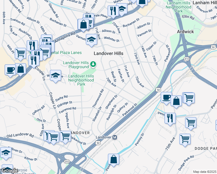 map of restaurants, bars, coffee shops, grocery stores, and more near 6836 Barton Road in Hyattsville