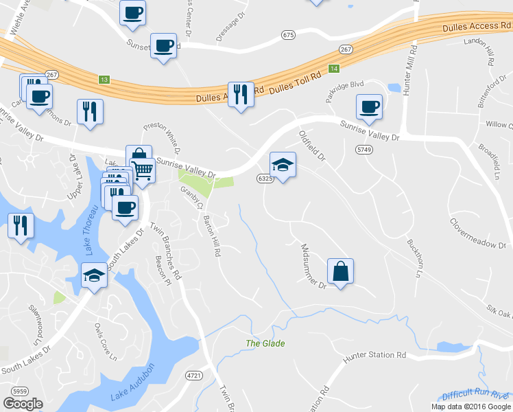map of restaurants, bars, coffee shops, grocery stores, and more near 10815 Cross School Road in Reston