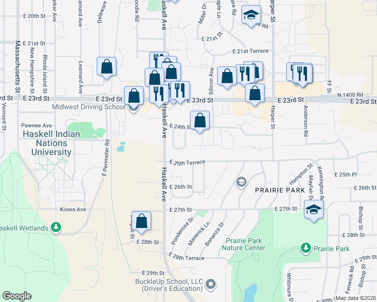 map of restaurants, bars, coffee shops, grocery stores, and more near 1061 Home Circle in Lawrence
