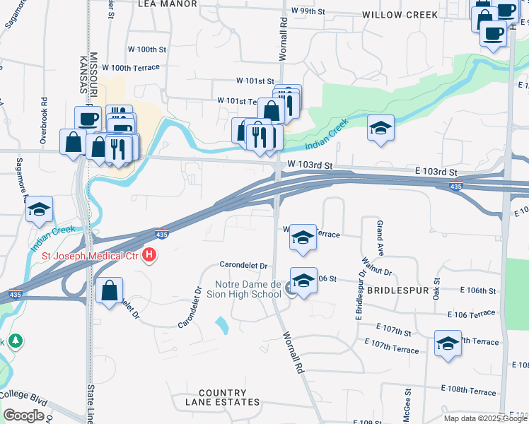map of restaurants, bars, coffee shops, grocery stores, and more near 402 West 104th Street in Kansas City