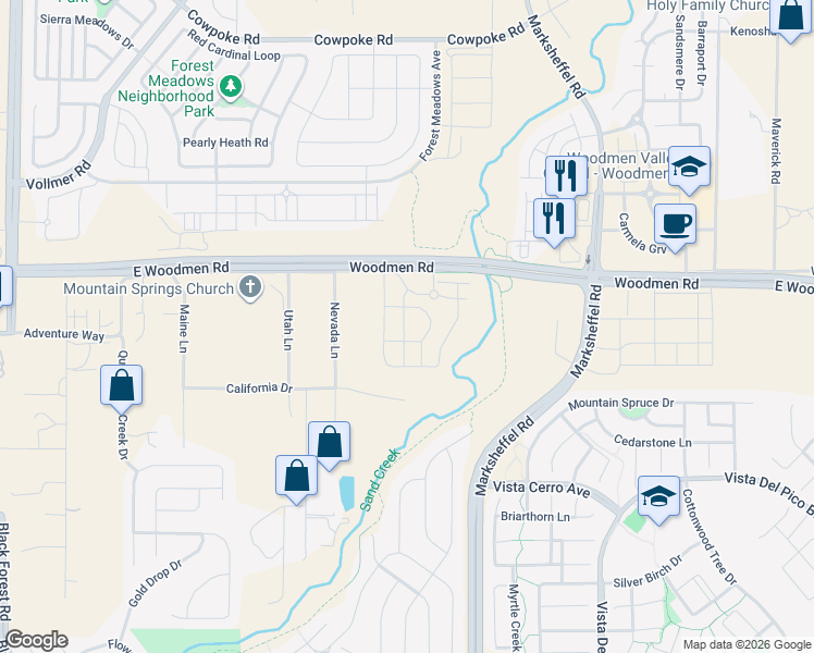 map of restaurants, bars, coffee shops, grocery stores, and more near 7525 Adventure Way in Colorado Springs