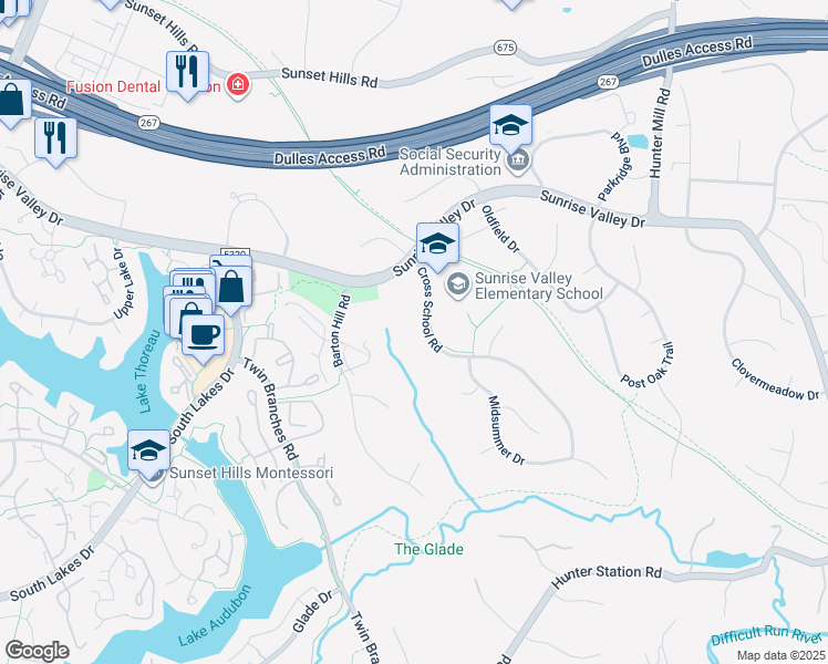 map of restaurants, bars, coffee shops, grocery stores, and more near 10815 Cross School Road in Reston