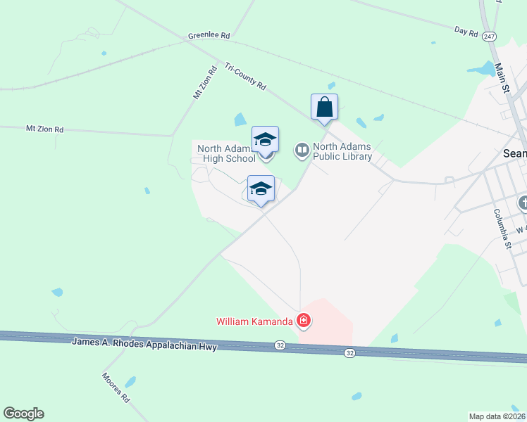map of restaurants, bars, coffee shops, grocery stores, and more near 2295 Moores Road in Seaman