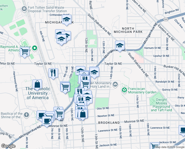 map of restaurants, bars, coffee shops, grocery stores, and more near 1221 Michigan Avenue Northeast in Washington