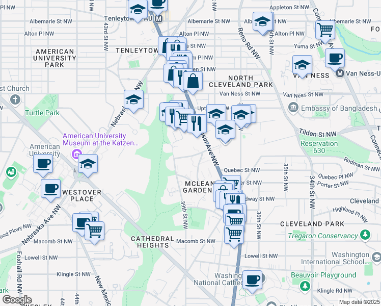 map of restaurants, bars, coffee shops, grocery stores, and more near 3847 Rodman Street Northwest in Washington