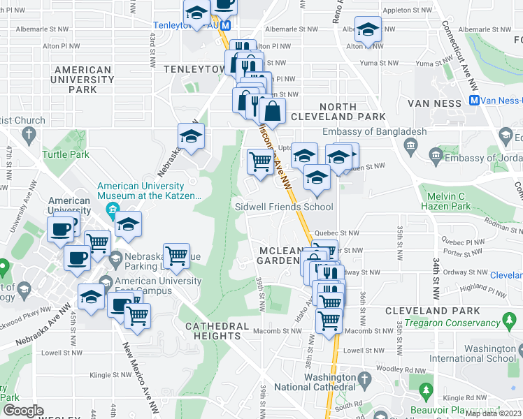 map of restaurants, bars, coffee shops, grocery stores, and more near 3871 Rodman Street Northwest in Washington