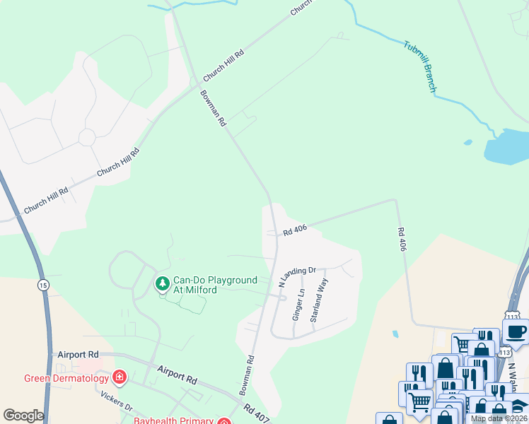 map of restaurants, bars, coffee shops, grocery stores, and more near 629 Bowman Road in Milford