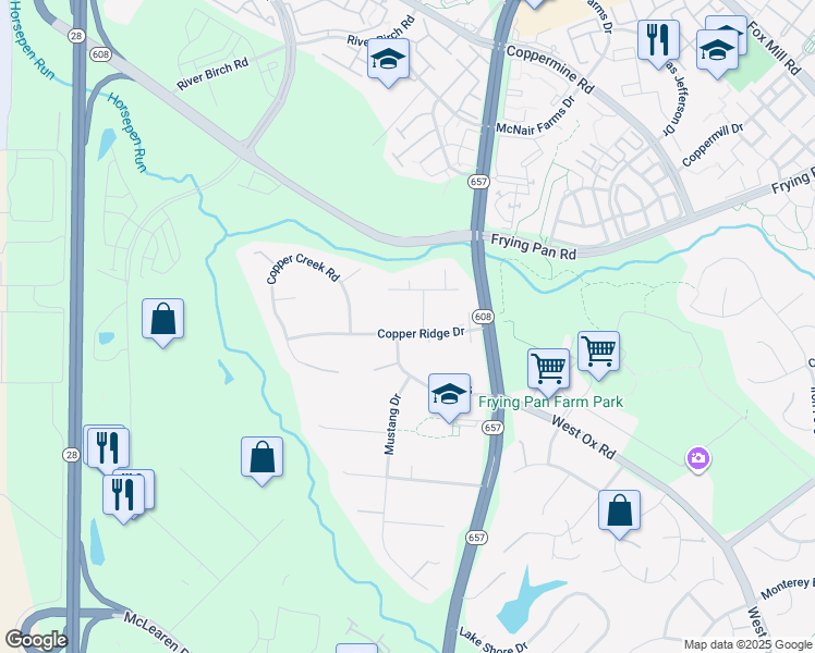 map of restaurants, bars, coffee shops, grocery stores, and more near 2604 Copper Hill Road in Herndon