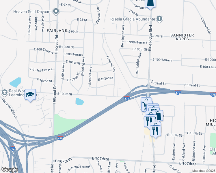 map of restaurants, bars, coffee shops, grocery stores, and more near 6307 East 102nd Street in Kansas City