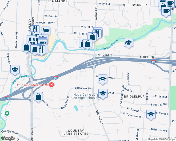 map of restaurants, bars, coffee shops, grocery stores, and more near 402 West 104th Street in Kansas City